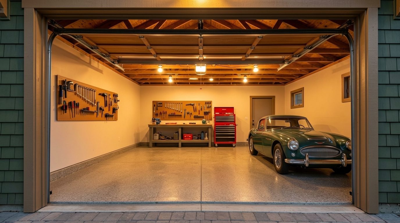 Tate Garage Door Repairs Interior View of Custom Garage Door Overhead and Workshop